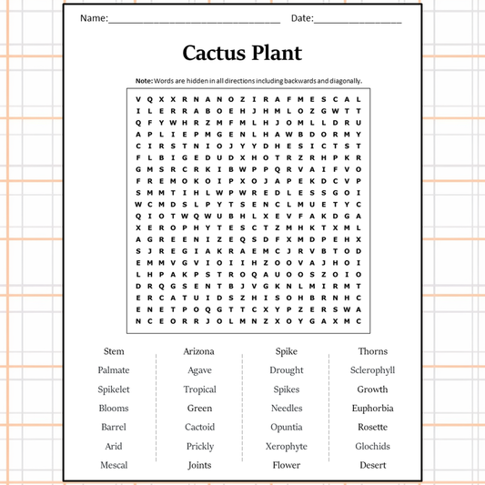 Cactus Plant Word Search Puzzle Worksheet Activity PDF