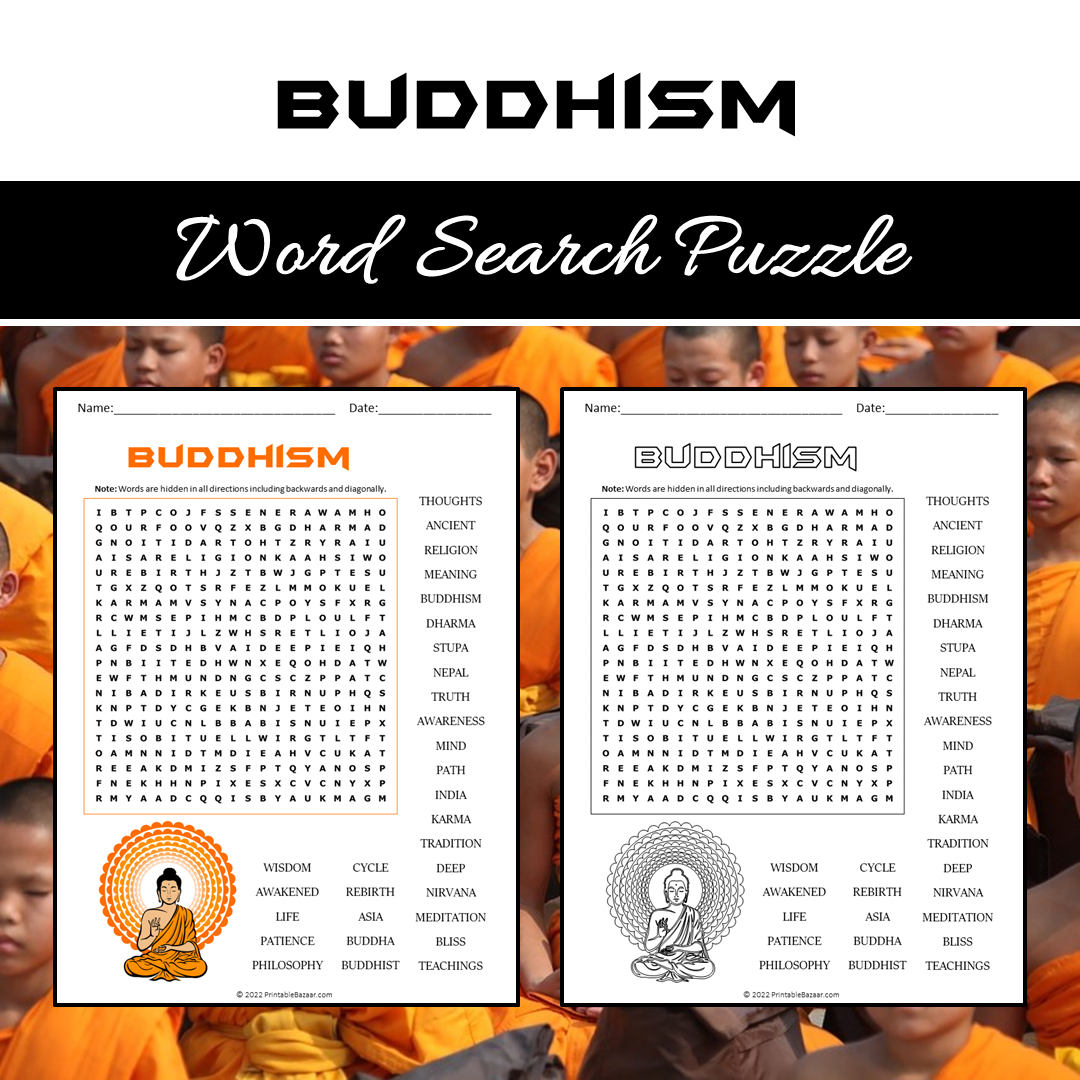 Buddhism Word Search Puzzle Worksheet PDF