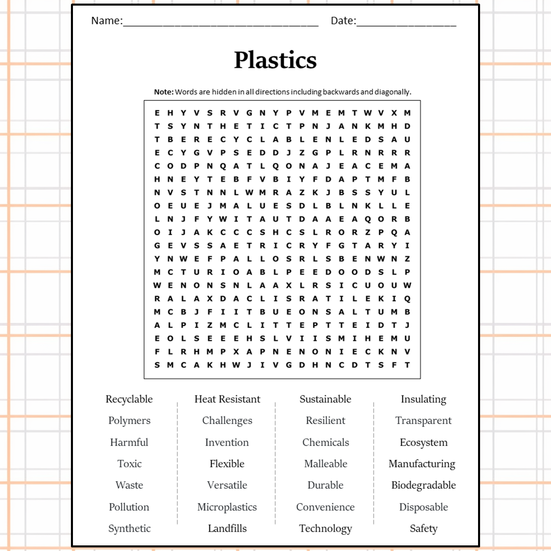 Plastics Word Search Puzzle Worksheet Activity PDF