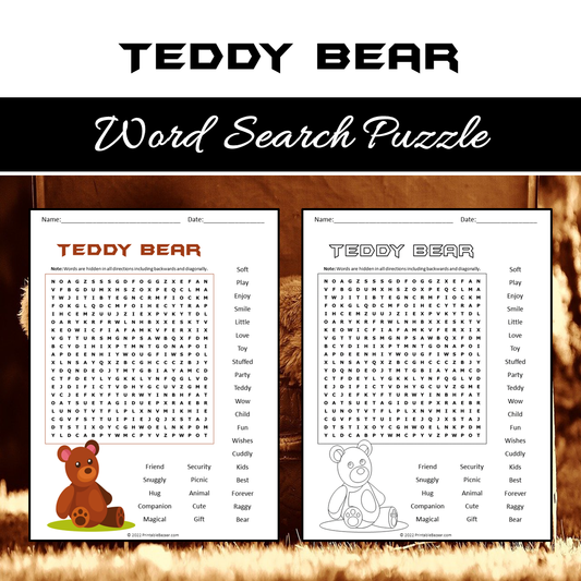 Teddy Bear Word Search Puzzle Worksheet PDF