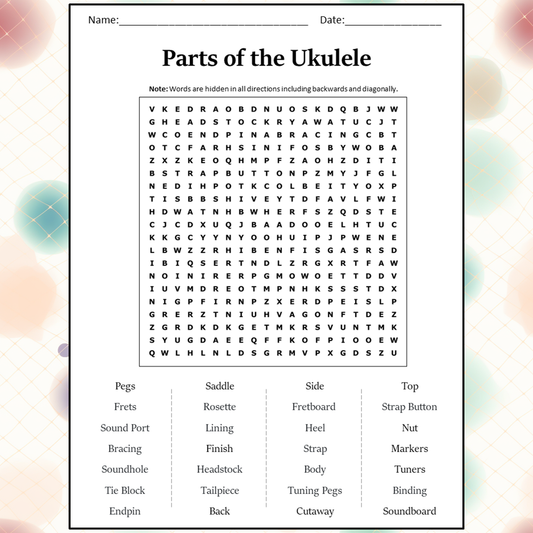 Parts Of The Ukulele Word Search Puzzle Worksheet Activity PDF