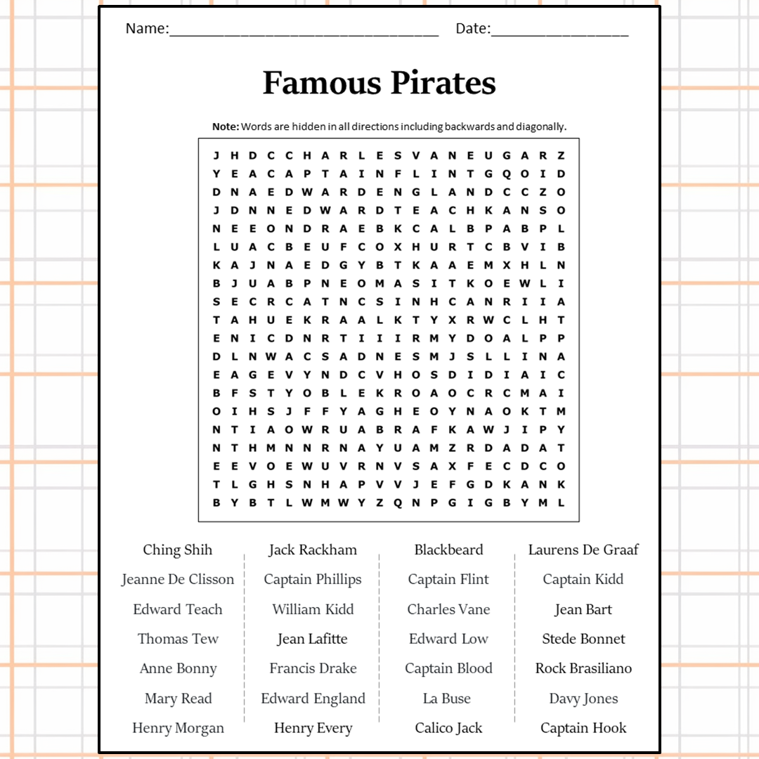 Famous Pirates Word Search Puzzle Worksheet Activity PDF