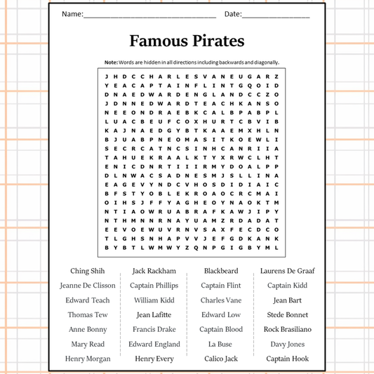 Famous Pirates Word Search Puzzle Worksheet Activity PDF