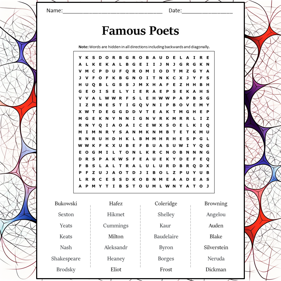 Famous Poets Word Search Puzzle Worksheet Activity PDF