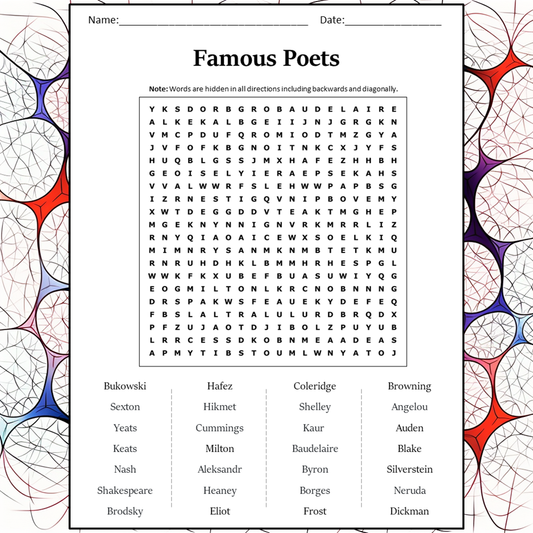 Famous Poets Word Search Puzzle Worksheet Activity PDF