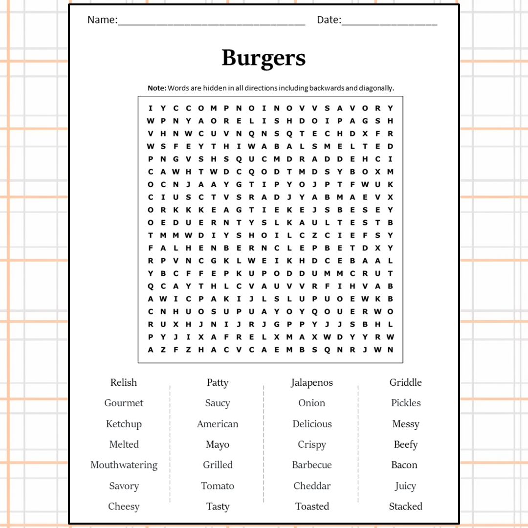 Burgers Word Search Puzzle Worksheet Activity PDF