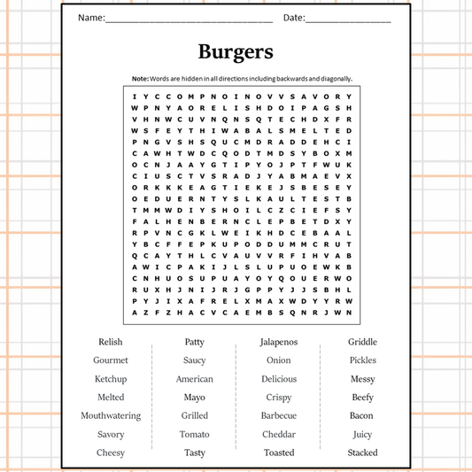 Burgers Word Search Puzzle Worksheet Activity PDF