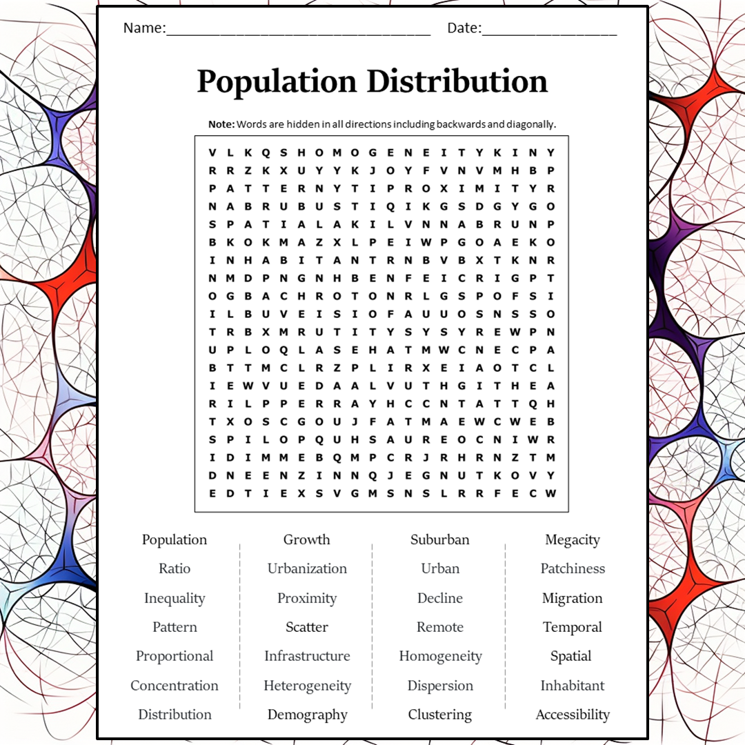 Population Distribution Word Search Puzzle Worksheet Activity PDF