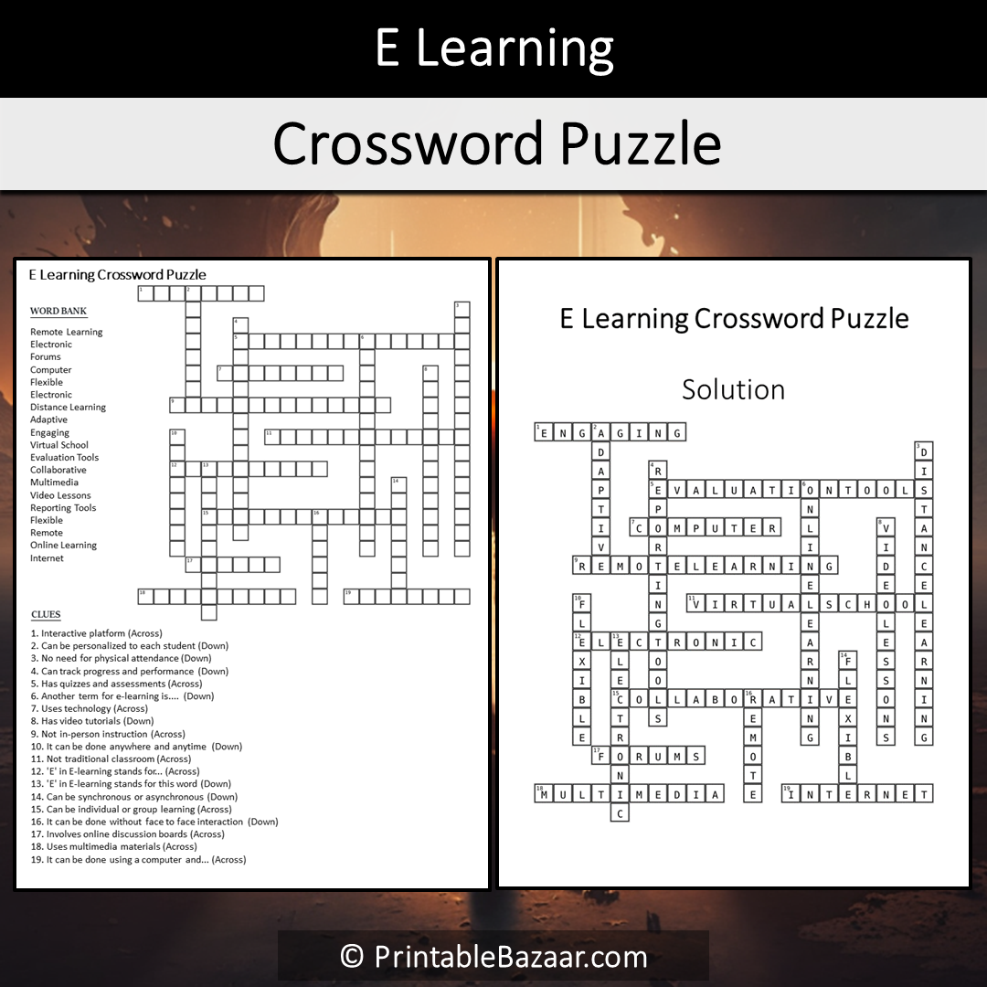 E Learning Crossword Puzzle Worksheet Activity Printable PDF