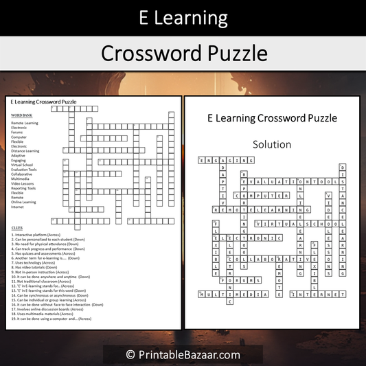 E Learning Crossword Puzzle Worksheet Activity Printable PDF