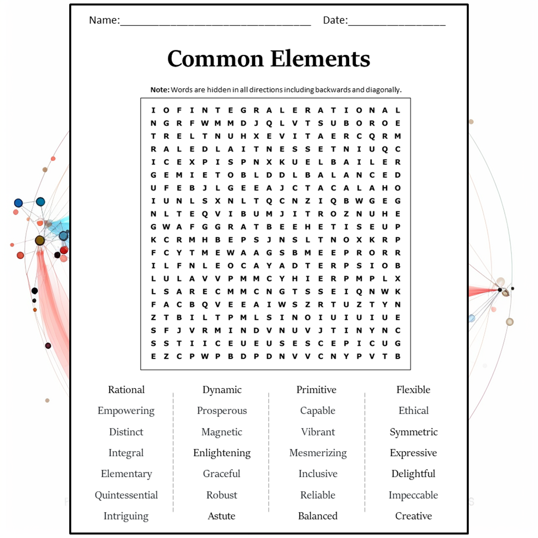 Common Elements Word Search Puzzle Worksheet Activity PDF