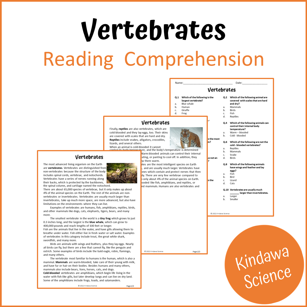 Vertebrates Reading Comprehension Passage and Questions | Printable PDF