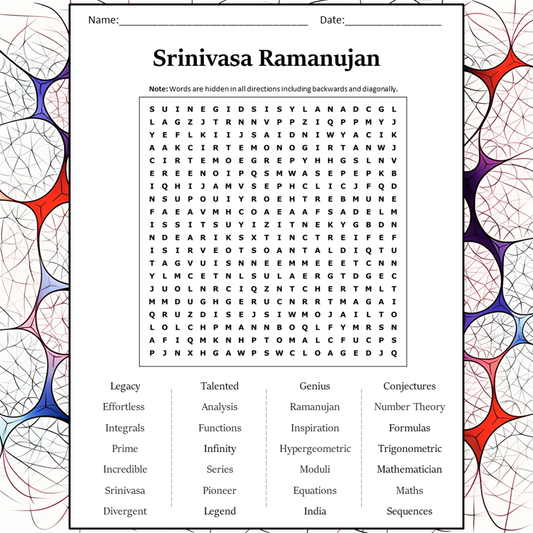 Srinivasa Ramanujan Word Search Puzzle Worksheet Activity PDF