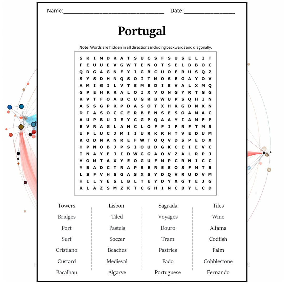 Portugal Word Search Puzzle Worksheet Activity PDF