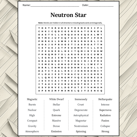 Neutron Star Word Search Puzzle Worksheet Activity PDF