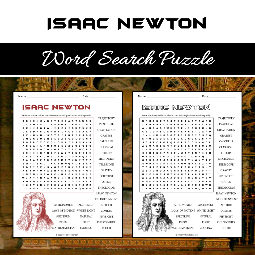 Isaac Newton Word Search Puzzle Worksheet PDF