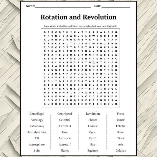 Rotation And Revolution Word Search Puzzle Worksheet Activity PDF