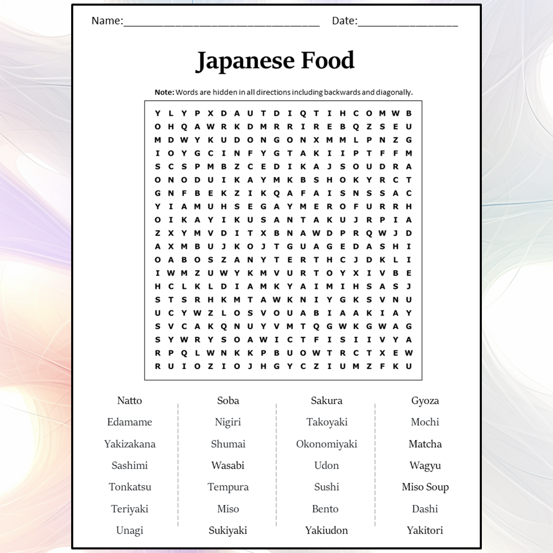 Japanese Food Word Search Puzzle Worksheet Activity PDF