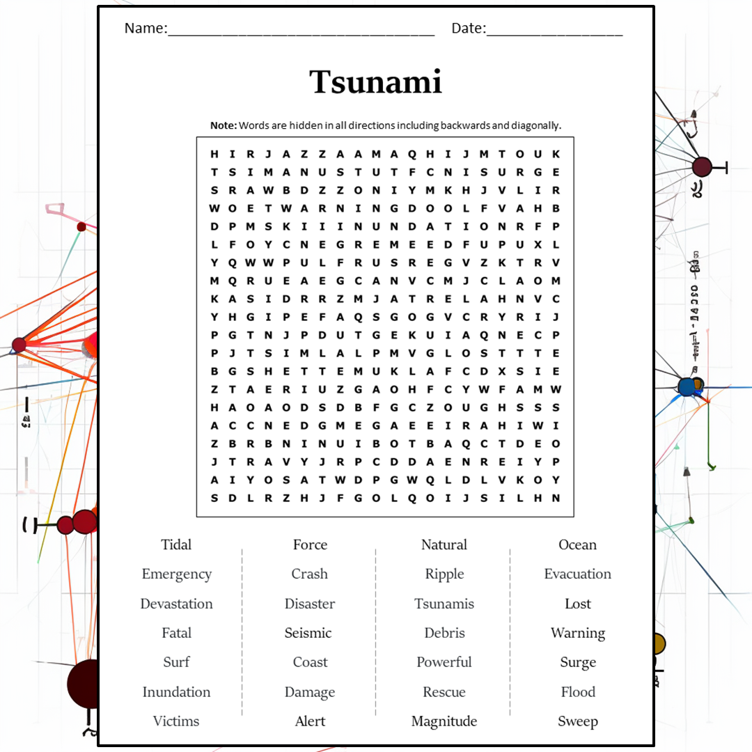 Tsunami Word Search Puzzle Worksheet Activity PDF