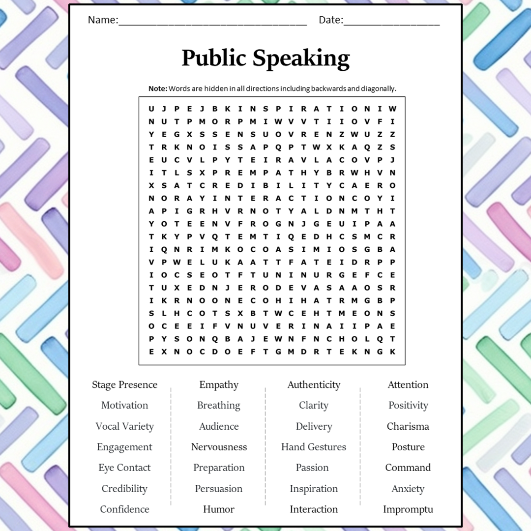 Public Speaking Word Search Puzzle Worksheet Activity PDF