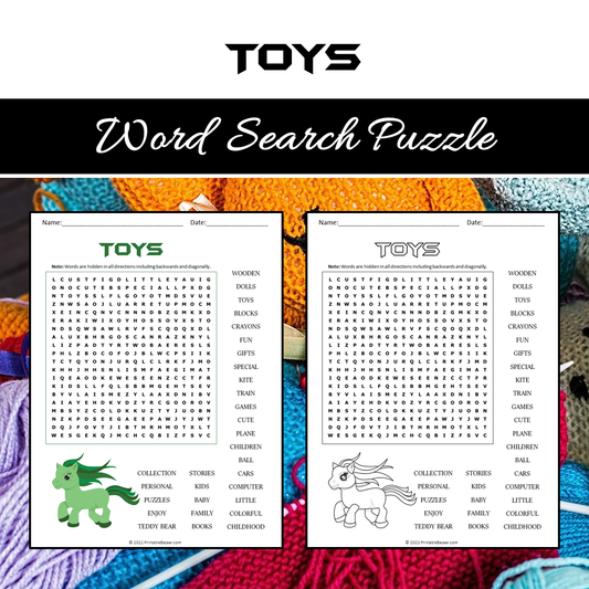 Toys Word Search Puzzle Worksheet PDF