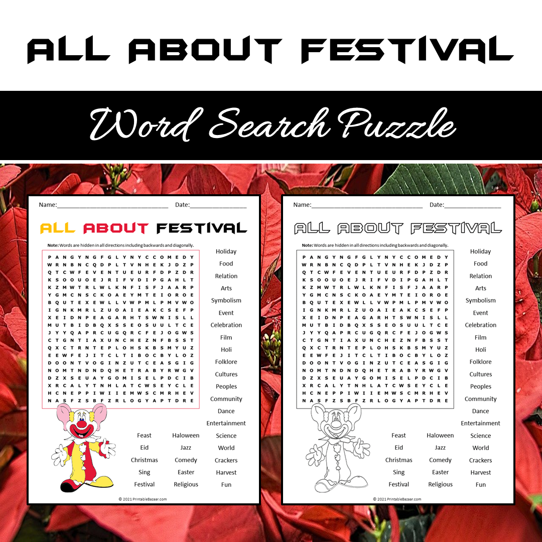 All About Festival Word Search Puzzle Worksheet PDF