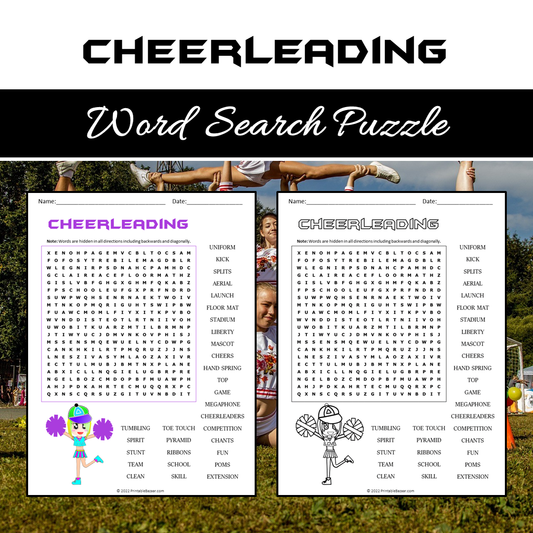 Cheerleading Word Search Puzzle Worksheet PDF