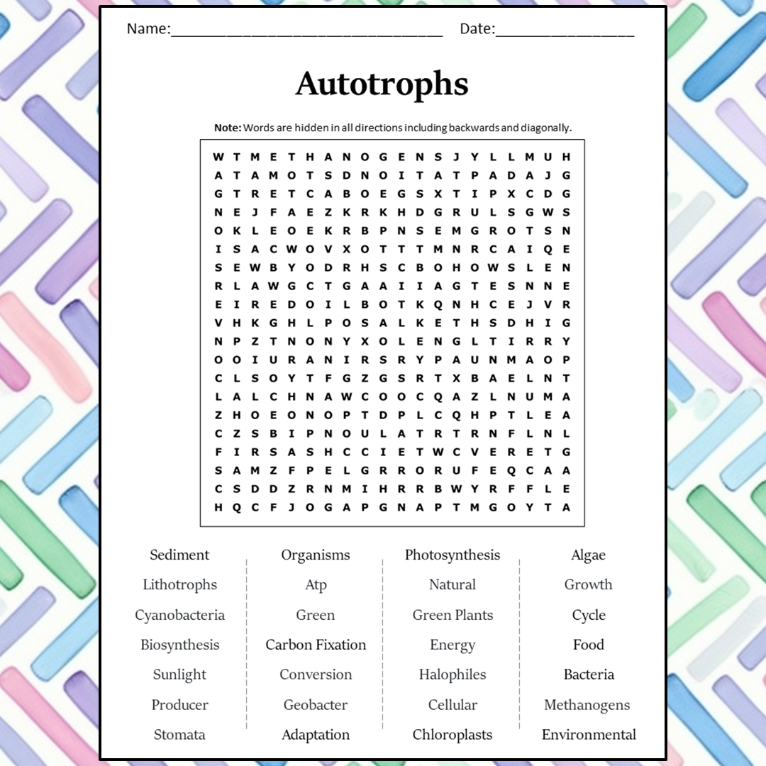 Autotrophs Word Search Puzzle Worksheet Activity PDF