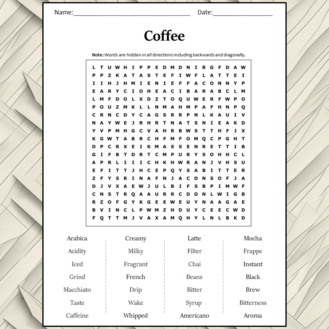 Coffee Word Search Puzzle Worksheet Activity PDF