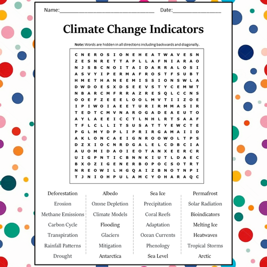 Climate Change Indicators Word Search Puzzle Worksheet Activity PDF