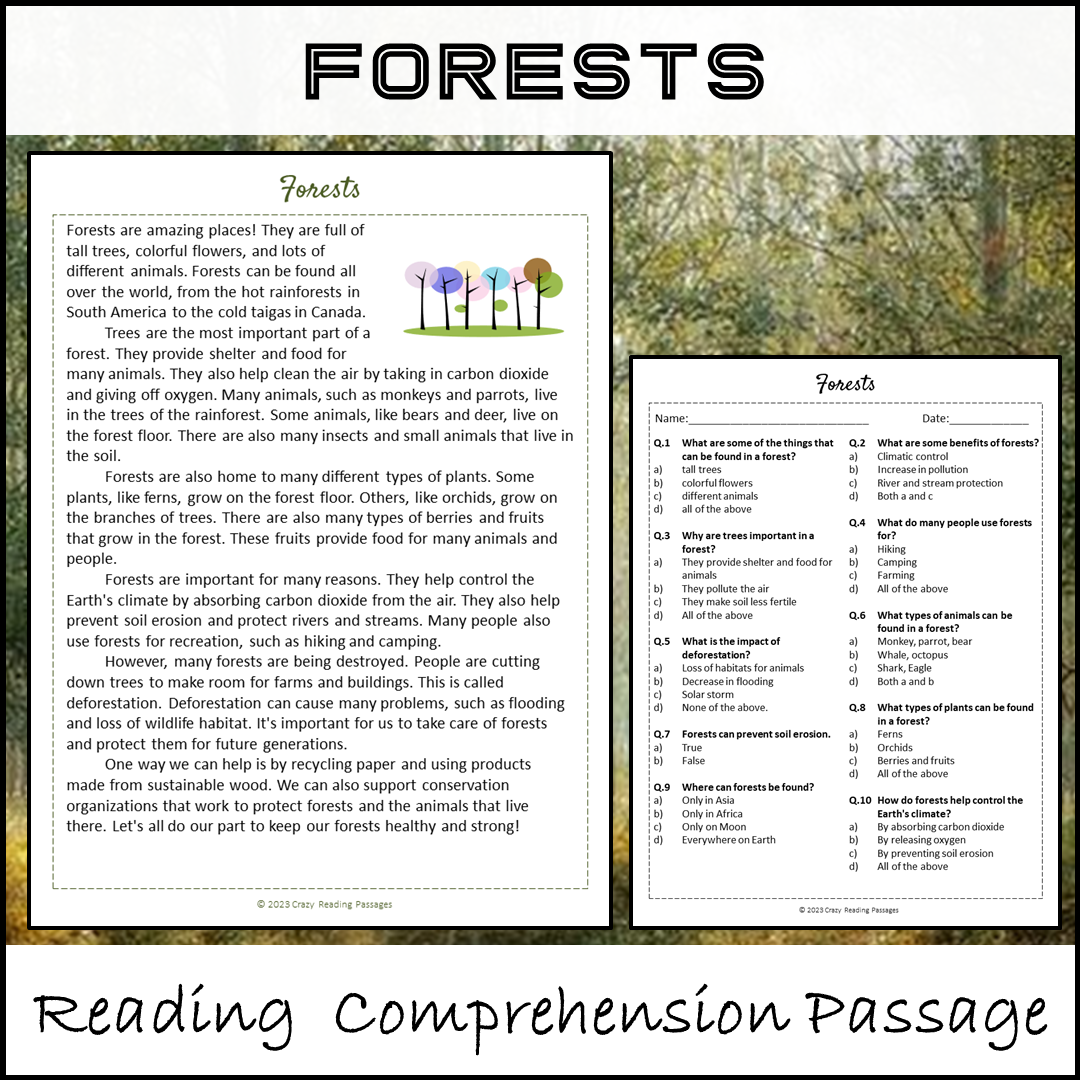 Forests Reading Comprehension Passage and Questions | Printable PDF ...