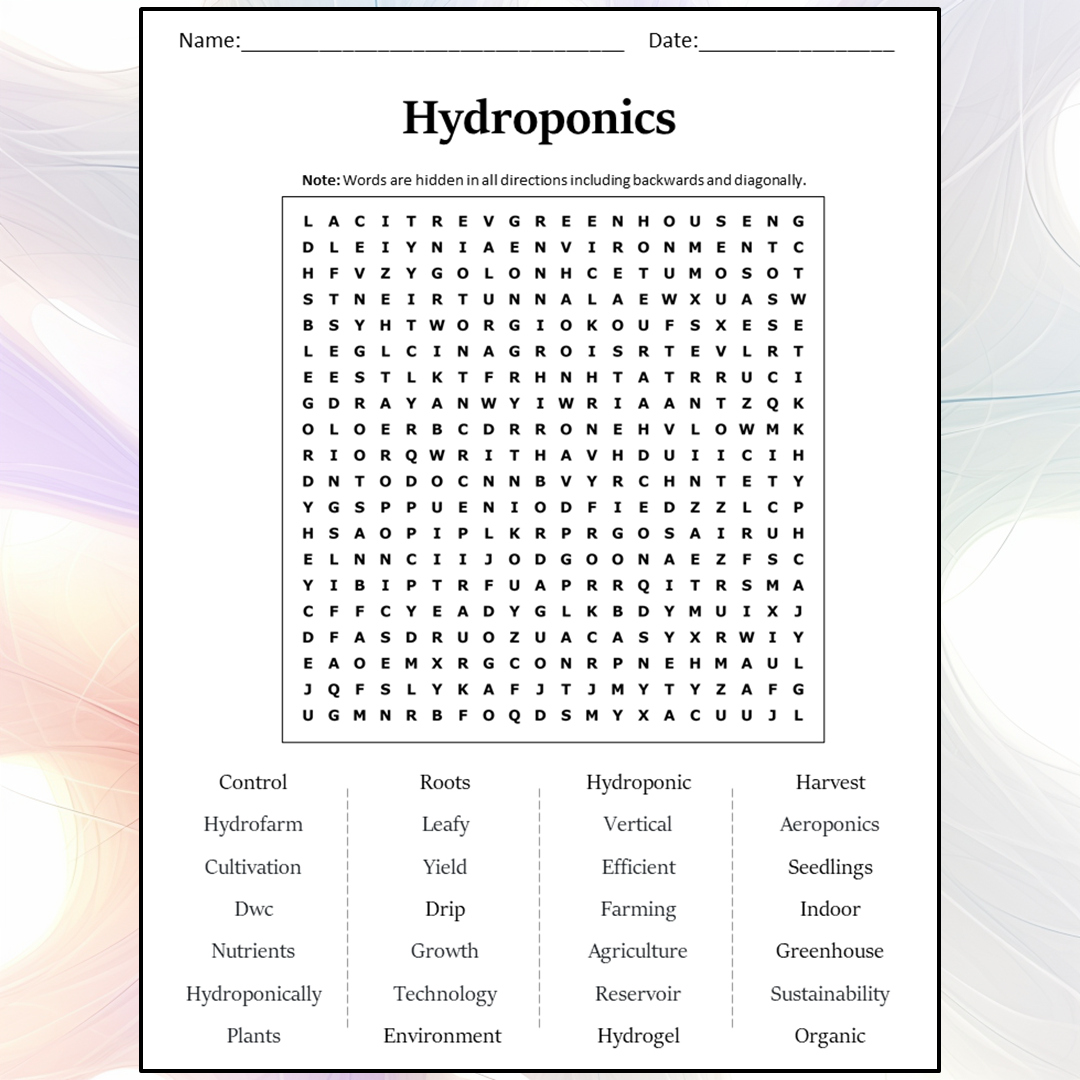 Hydroponics Word Search Puzzle Worksheet Activity PDF