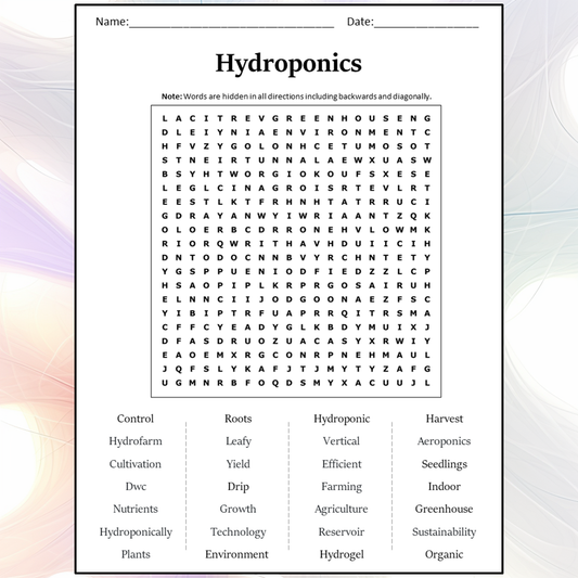 Hydroponics Word Search Puzzle Worksheet Activity PDF