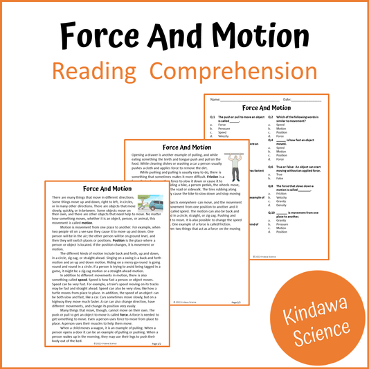 Force And Motion Reading Comprehension Passage and Questions | Printable PDF