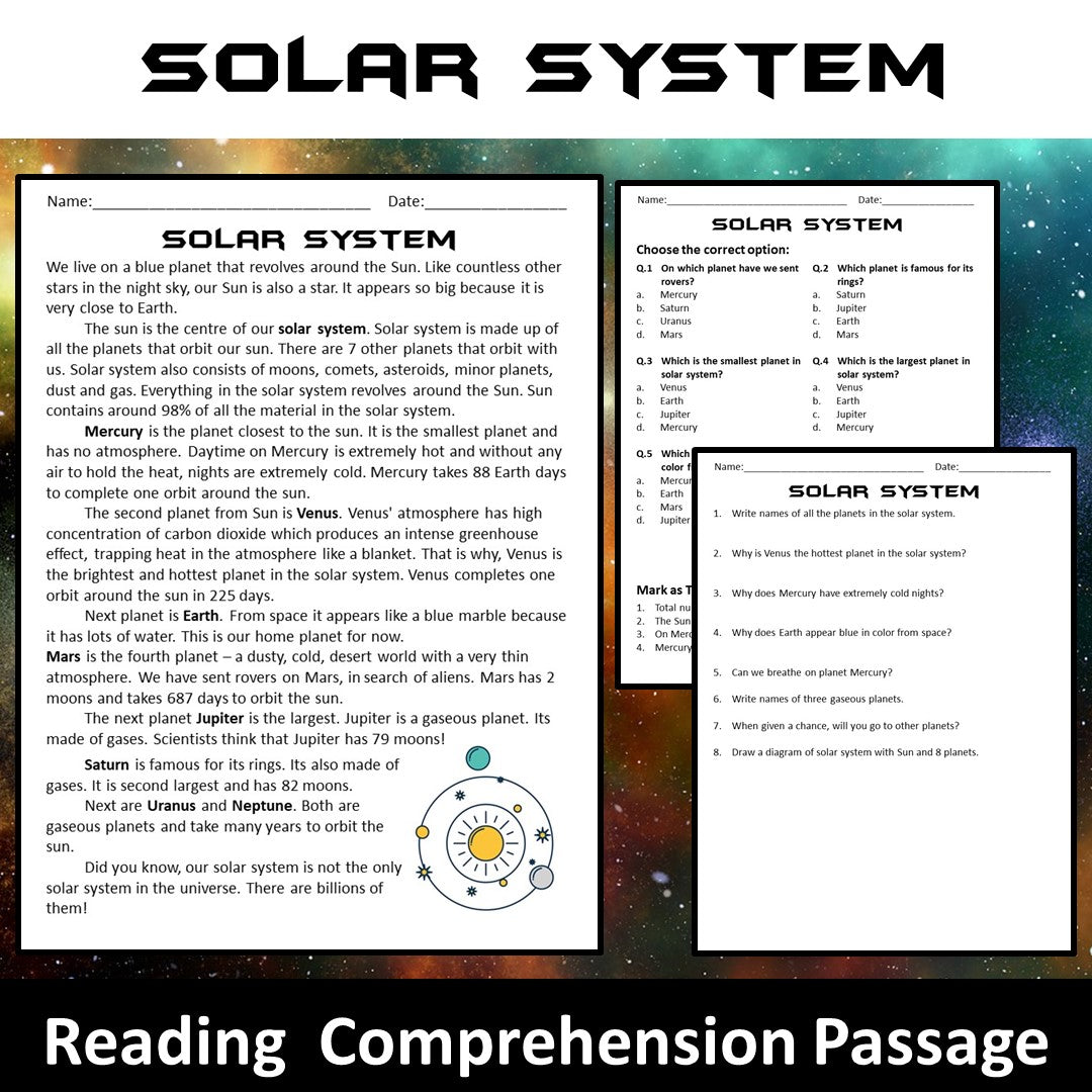 Solar System Reading Comprehension Passage and Questions