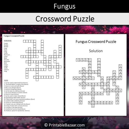 Fungus Crossword Puzzle Worksheet Activity Printable PDF