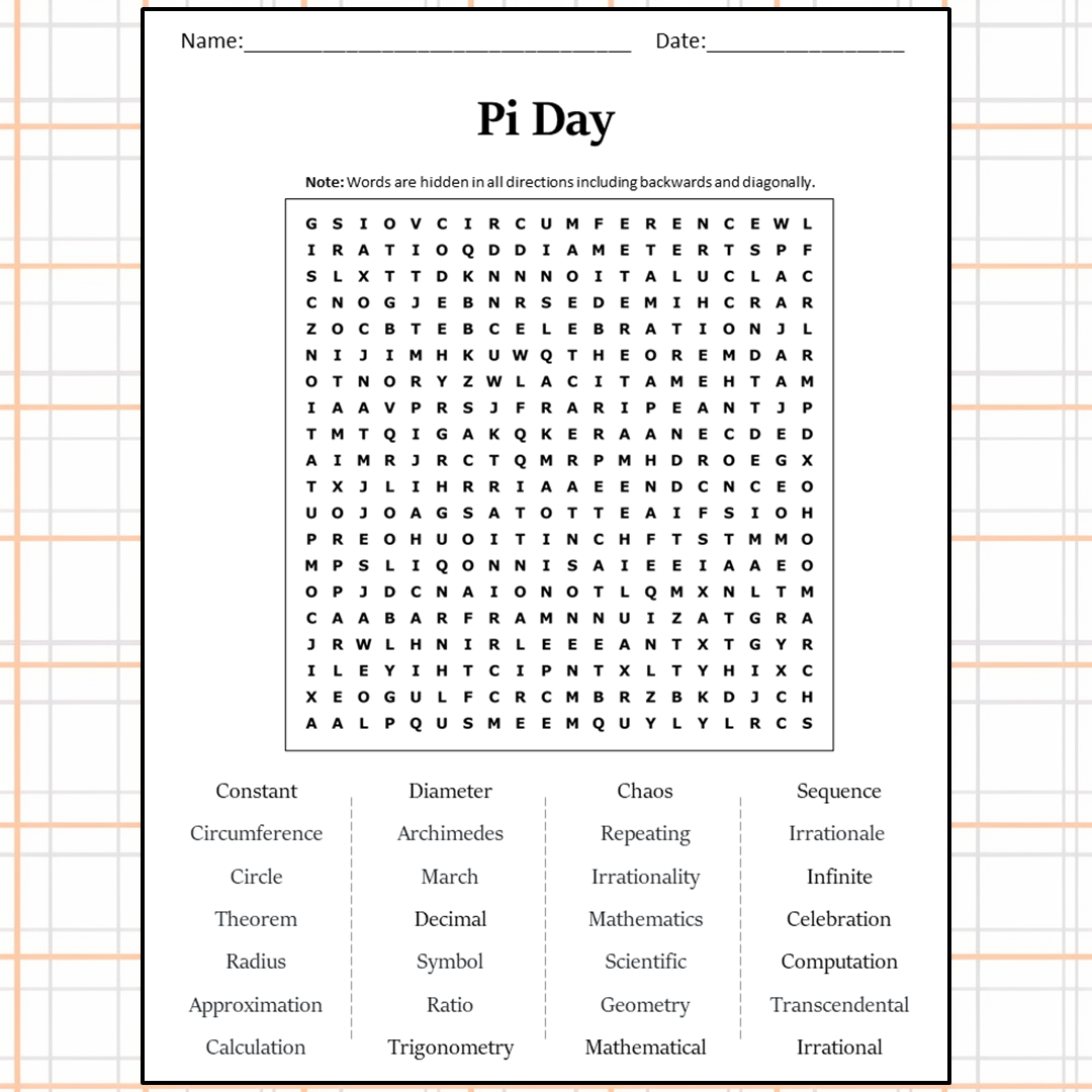 Pi Day Word Search Puzzle Worksheet Activity PDF