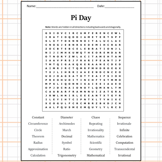 Pi Day Word Search Puzzle Worksheet Activity PDF