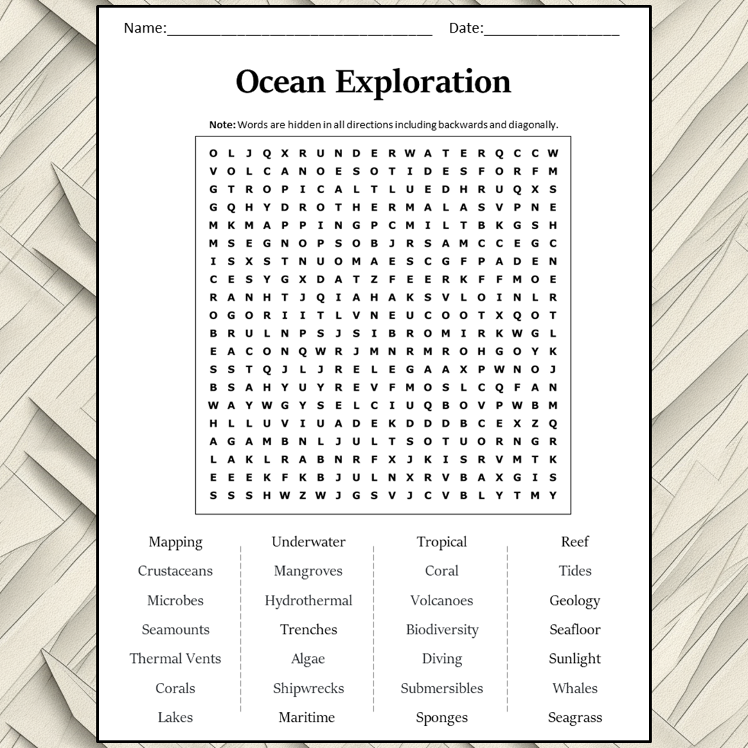 Ocean Exploration Word Search Puzzle Worksheet Activity PDF