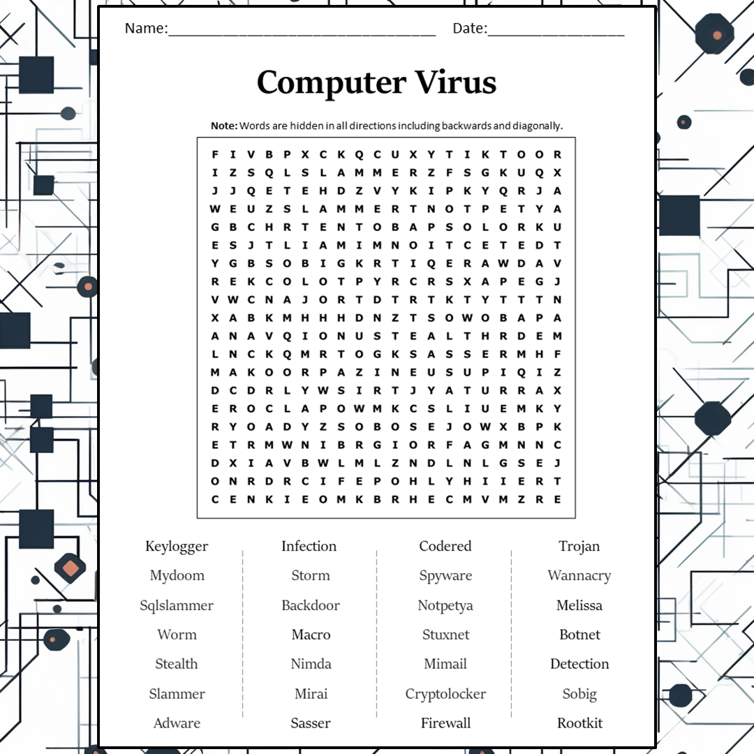 Computer Virus Word Search Puzzle Worksheet Activity PDF