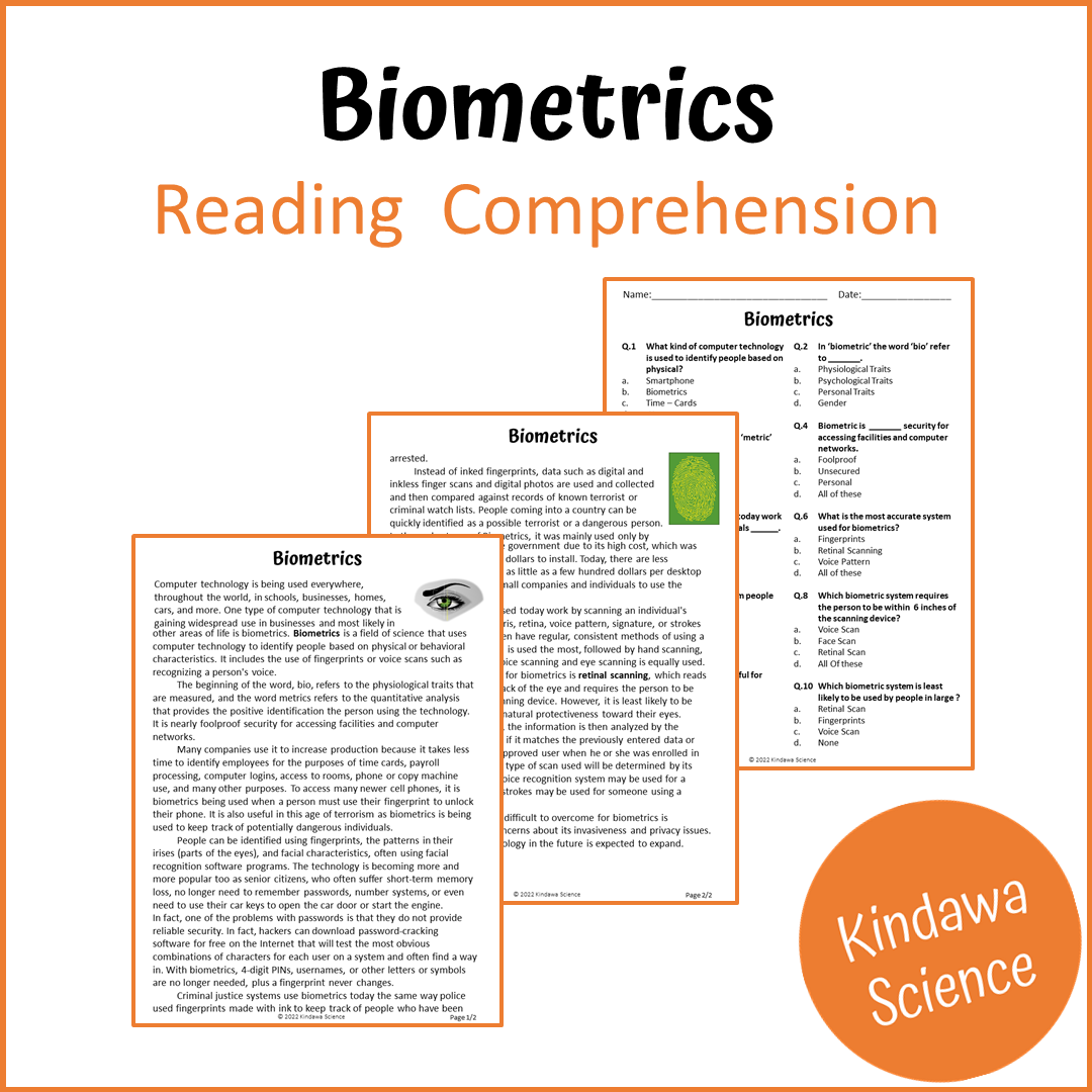 Biometrics Reading Comprehension Passage and Questions | Printable PDF