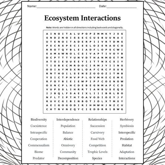 Ecosystem Interactions Word Search Puzzle Worksheet Activity PDF