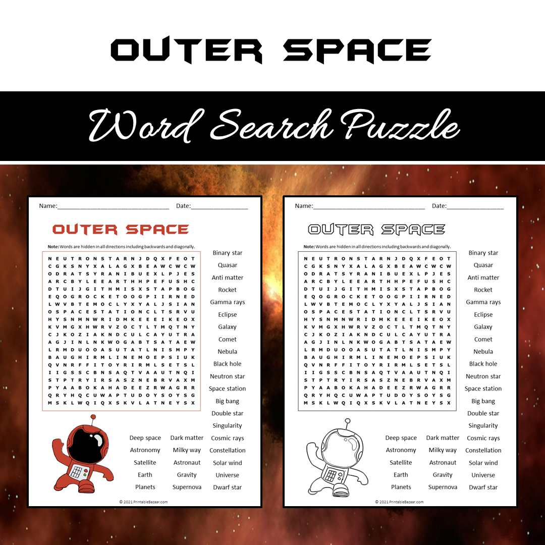Outer Space Word Search Puzzle Worksheet PDF