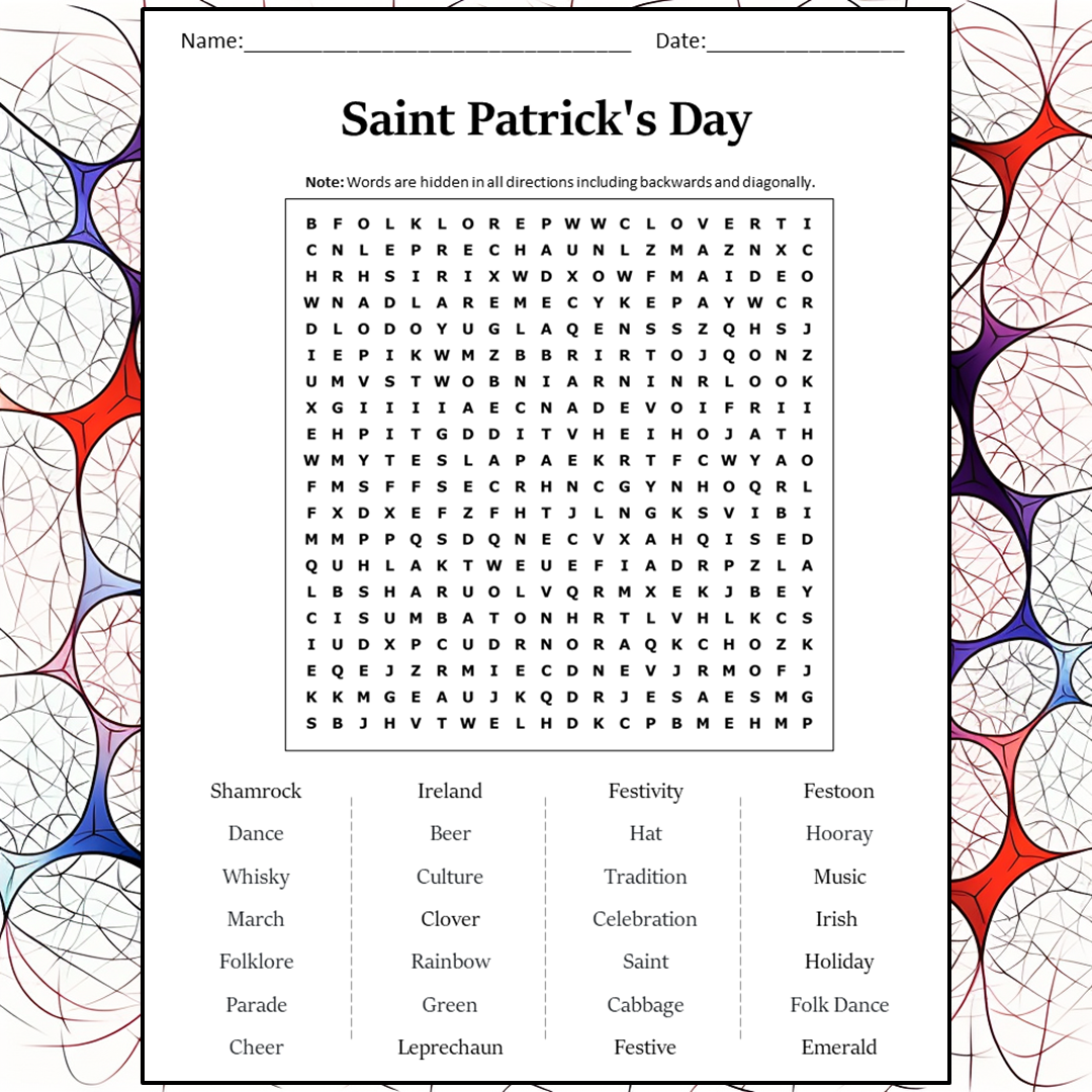 Saint Patrick's Day Word Search Puzzle Worksheet Activity PDF