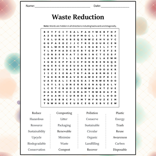 Waste Reduction Word Search Puzzle Worksheet Activity PDF