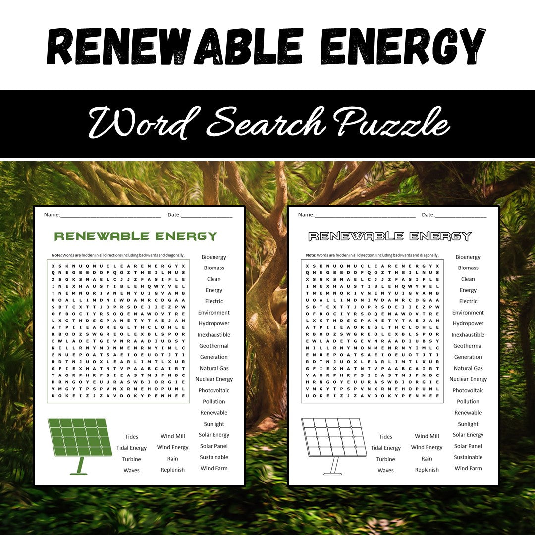 Renewable Energy Word Search Puzzle Worksheet PDF