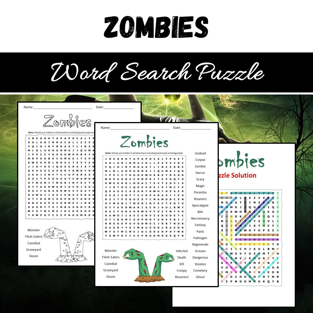 Zombies Word Search Puzzle Worksheet PDF