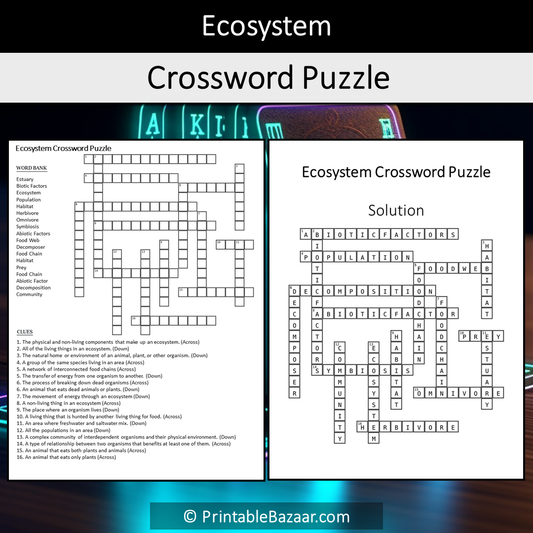 Ecosystem Crossword Puzzle Worksheet Activity Printable PDF