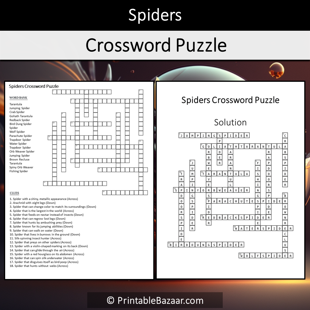 Spiders Crossword Puzzle Worksheet Activity Printable PDF