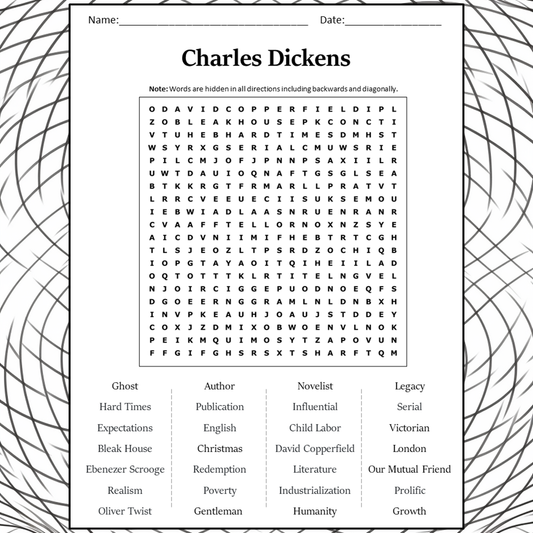 Charles Dickens Word Search Puzzle Worksheet Activity PDF